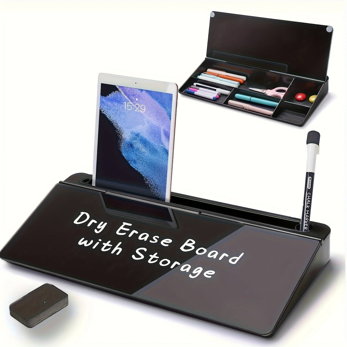Glazen desktop whiteboard met organizer