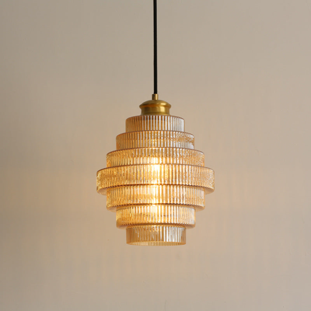 Vintage messing en geribbeld glas hanglamp