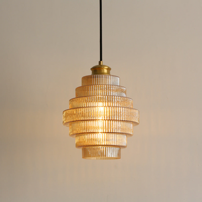 Vintage messing en geribbeld glas hanglamp