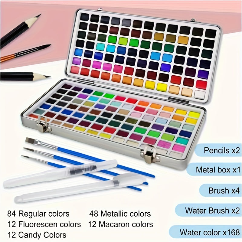 Vaste aquarelverfset in metalen doos