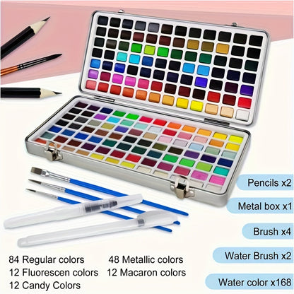 Vaste aquarelverfset in metalen doos