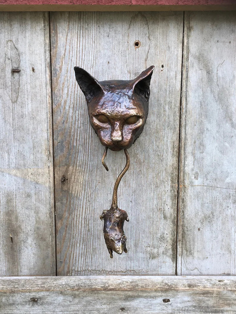 Bronzen Deurklopper met Katmotief en Beweegbare Muis