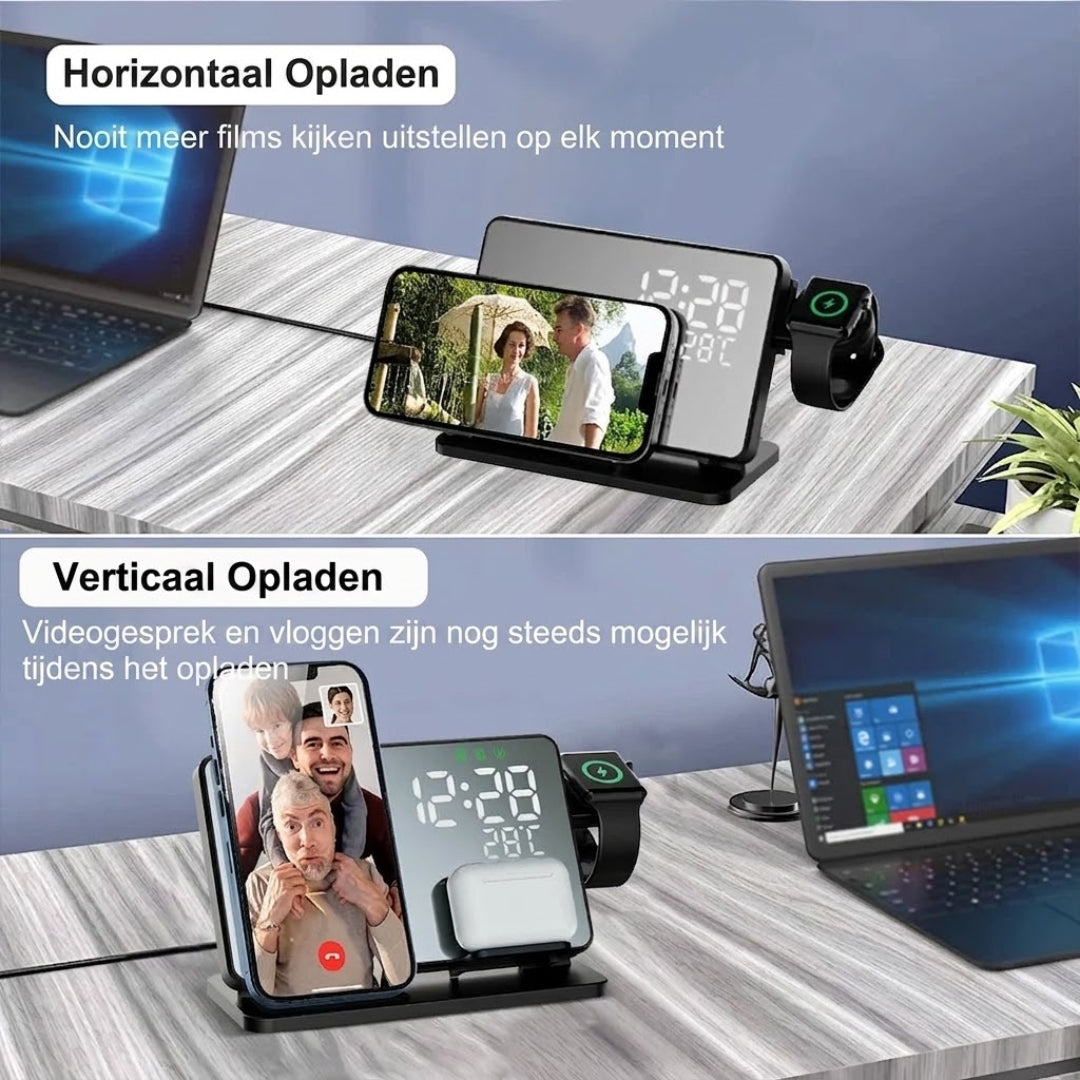 3-in-1 Draadloze Oplader Snellaadstation Met Wekker