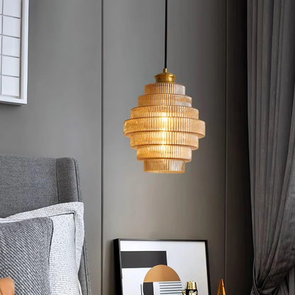 Vintage messing en geribbeld glas hanglamp