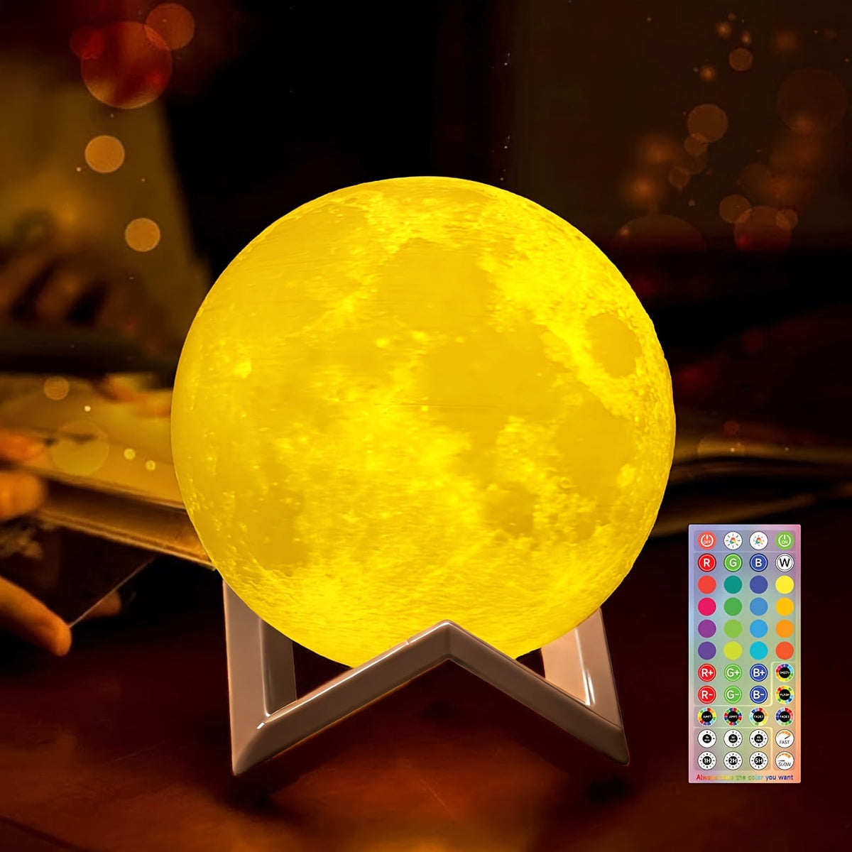 Houten maanlamp met kleurenlicht en timerfunctie