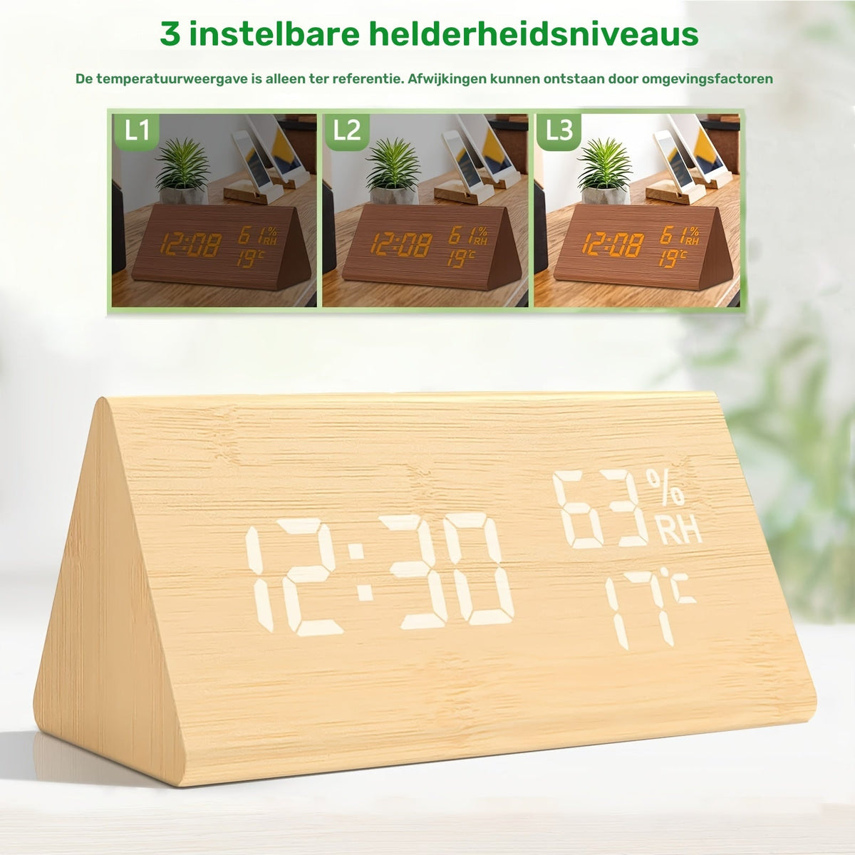 Driehoekige houten LED wekker