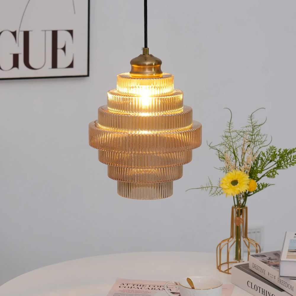 Vintage messing en geribbeld glas hanglamp