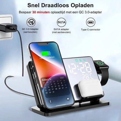 3-in-1 Draadloze Oplader Snellaadstation Met Wekker