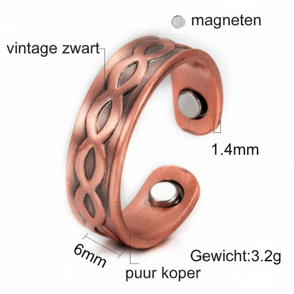 Vintage gegraveerde open magnetische koperen ring