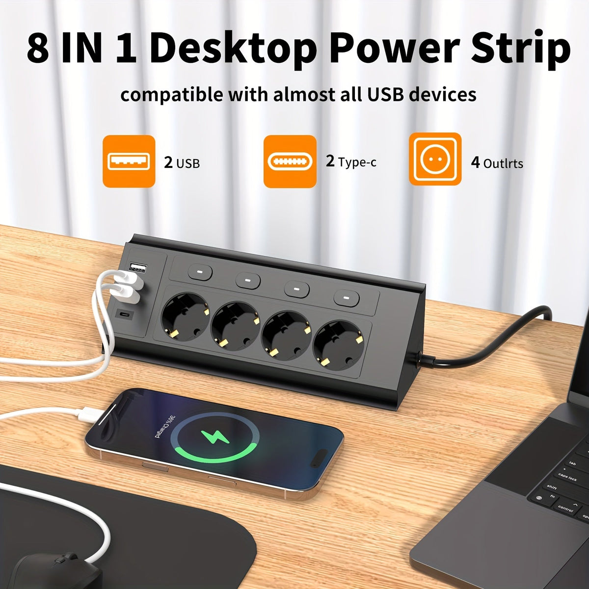 Odior 8-in-1 EU Stekkerdoos met USB en Type-C