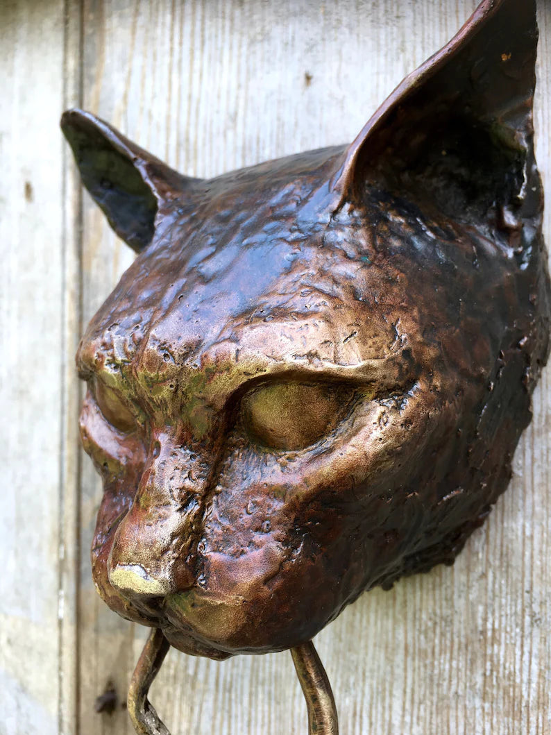 Bronzen Deurklopper met Katmotief en Beweegbare Muis