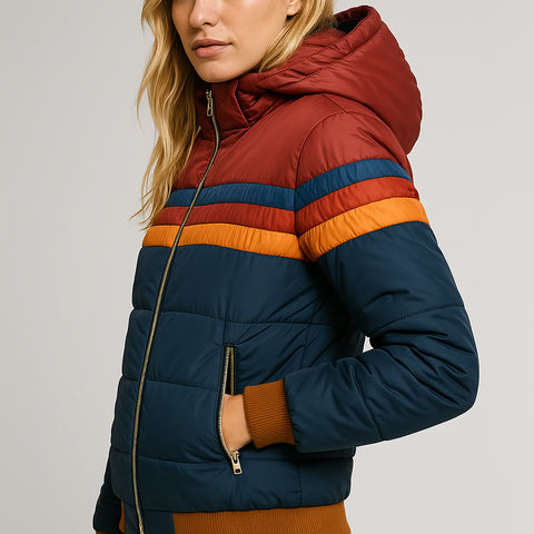 Retro dames pufferjack met warme strepen