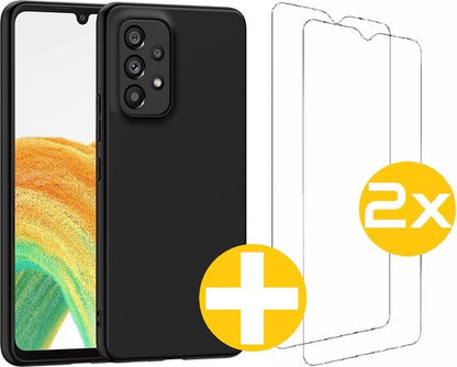 Hoesje en Screenprotector Combi Geschikt Voor Samsung Galaxy A33 - Zwarte Siliconen Hoesje + 2x Screenprotector