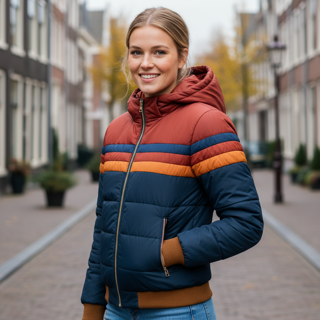 Retro dames pufferjack met warme strepen