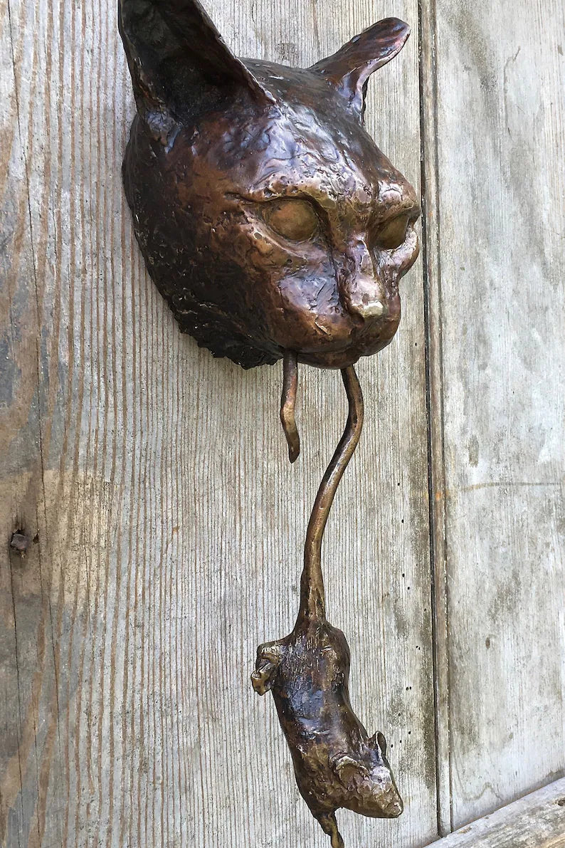 Bronzen Deurklopper met Katmotief en Beweegbare Muis