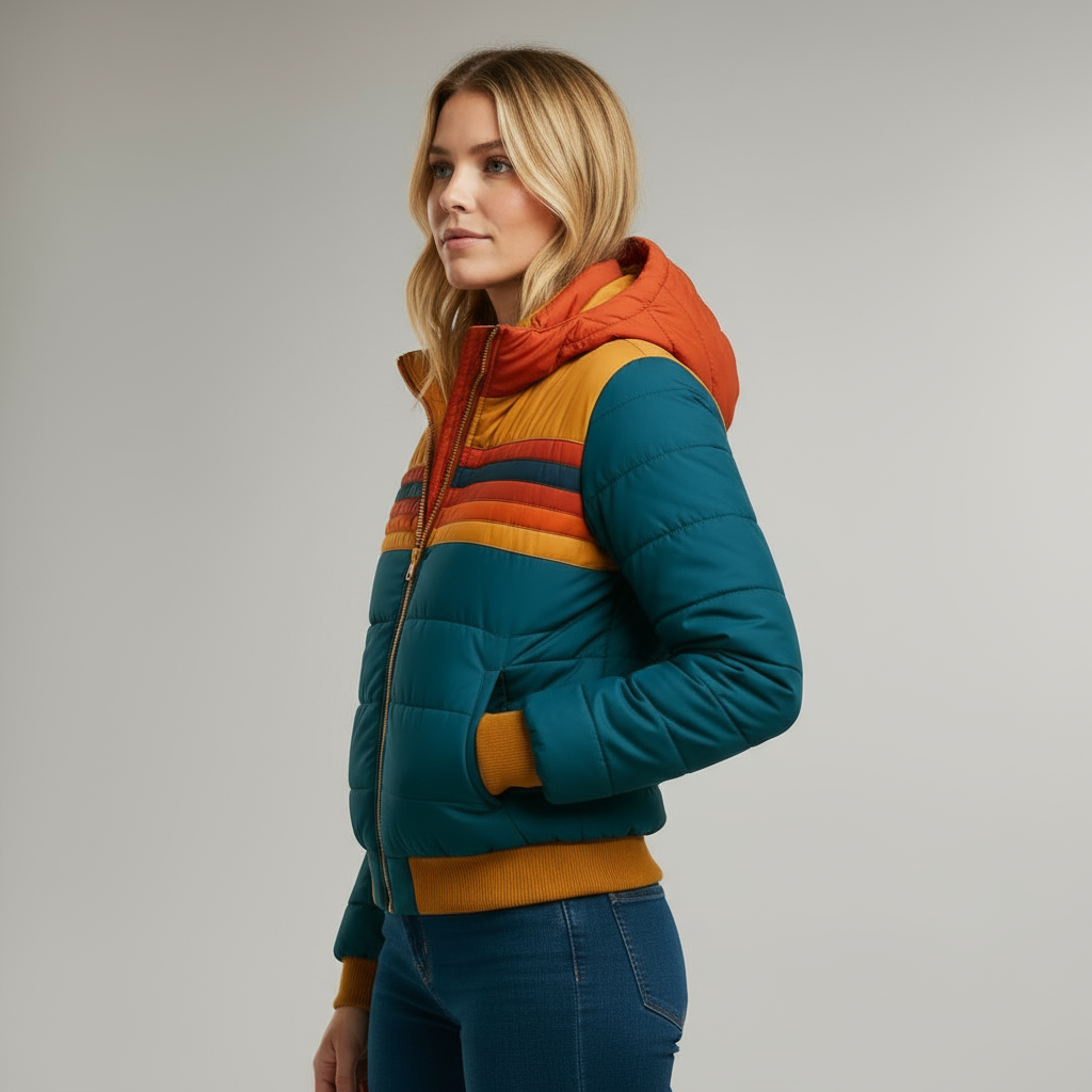 Retro dames pufferjack met warme strepen