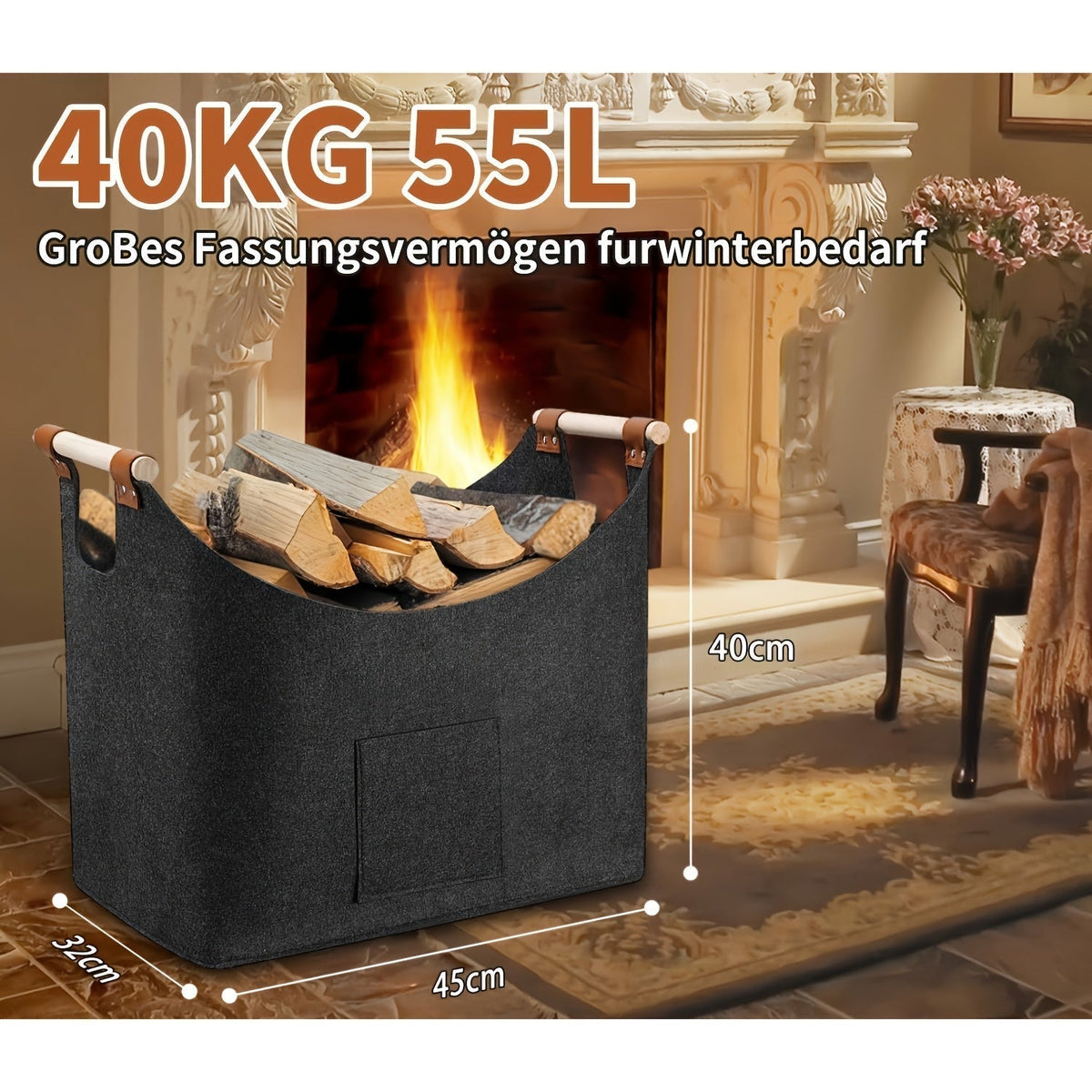 Opvouwbare Vilten Haardhoutmand met Houten Handvatten – 55L