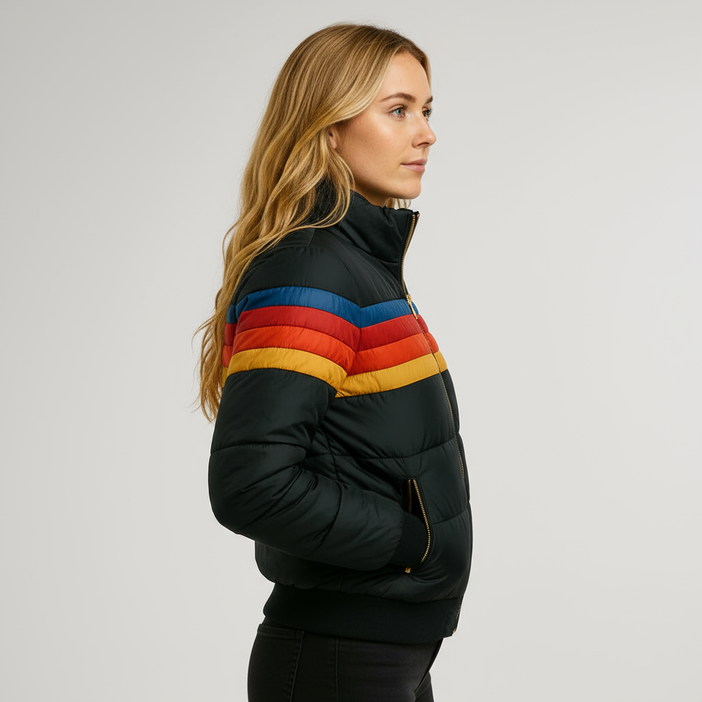 Retro dames pufferjack met warme strepen