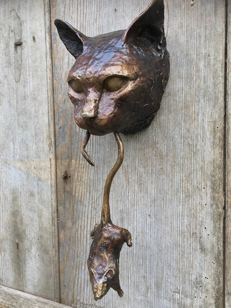 Bronzen Deurklopper met Katmotief en Beweegbare Muis