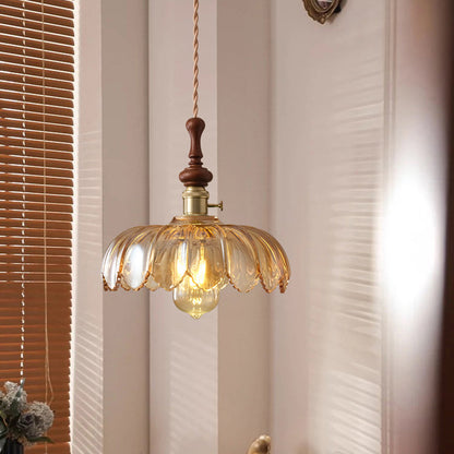 Franse Glazen Hanglamp met Houten Detail