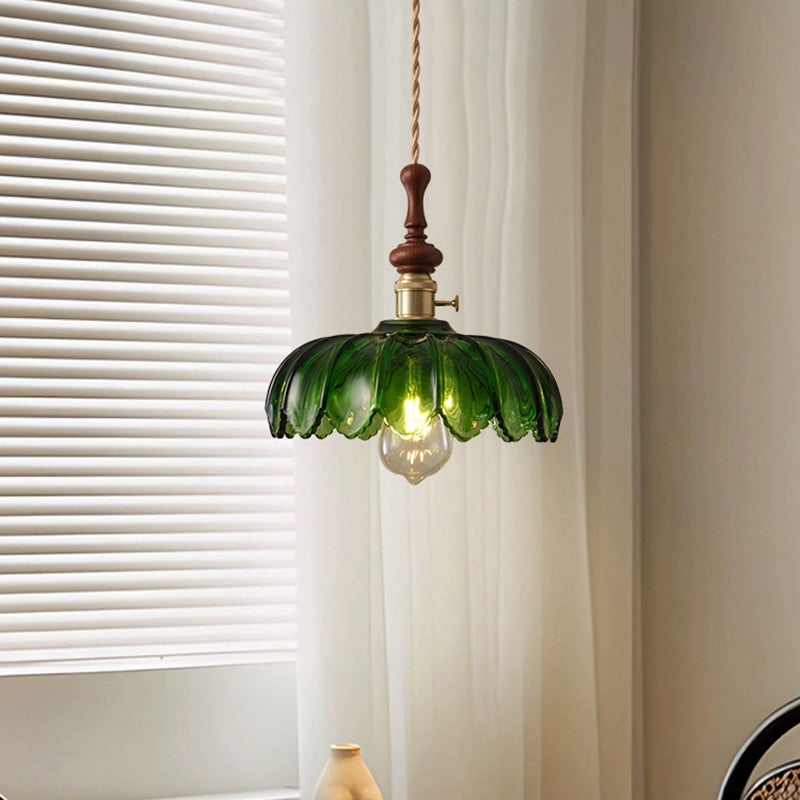 Franse Glazen Hanglamp met Houten Detail