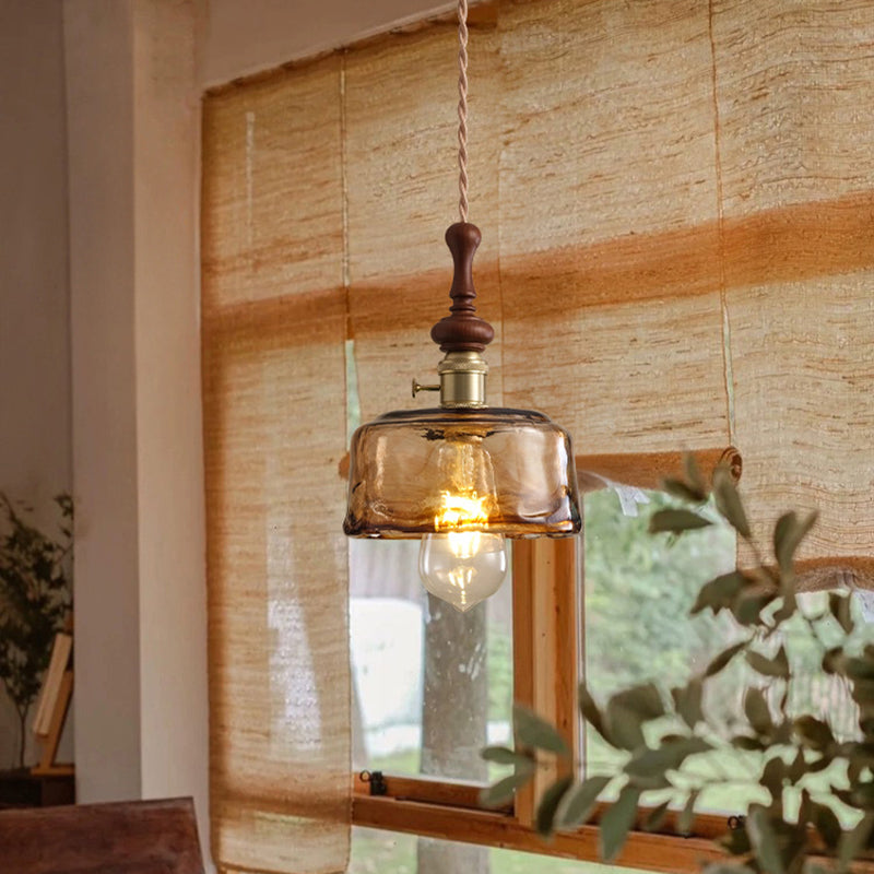 Franse Glazen Hanglamp met Houten Detail