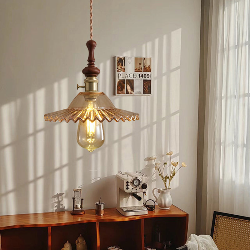 Franse Glazen Hanglamp met Houten Detail