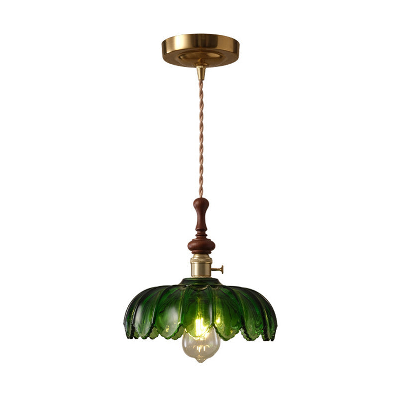 Franse Glazen Hanglamp met Houten Detail