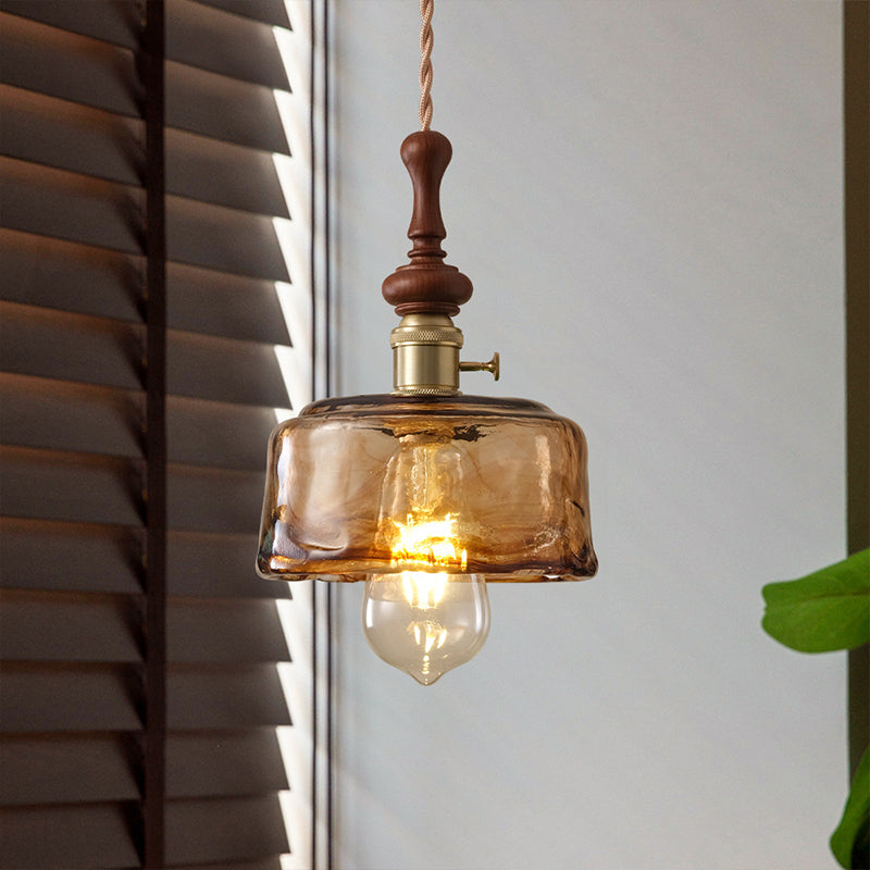 Franse Glazen Hanglamp met Houten Detail
