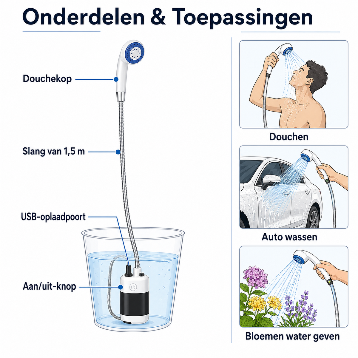 Draagbare Buitendouche met Dompelpomp op Accu