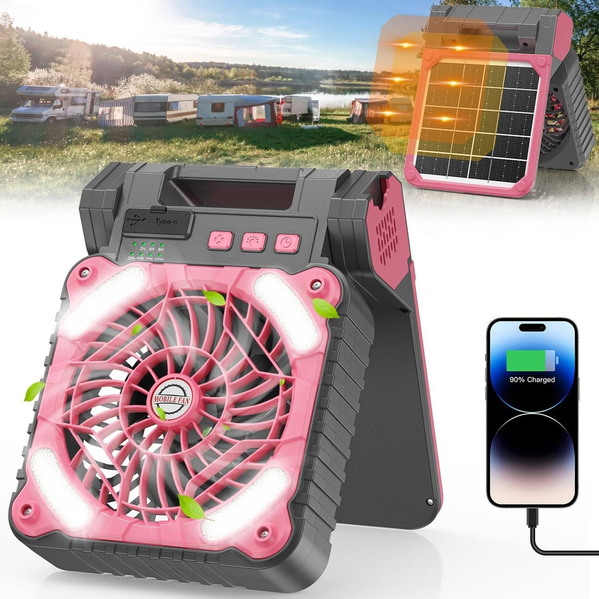 Draagbare campingventilator met zonnepaneel