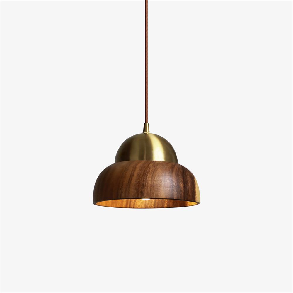 Houten Japandi hanglamp met messing accenten