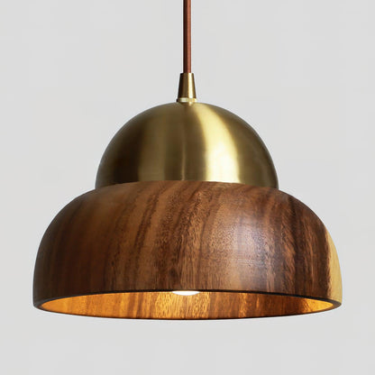 Houten Japandi hanglamp met messing accenten