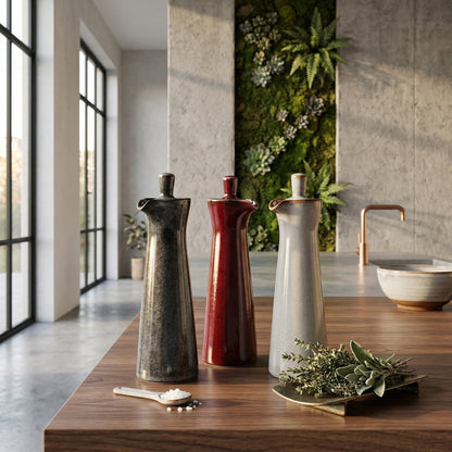 Keramische olie- en azijnfles met run-glaze afwerking