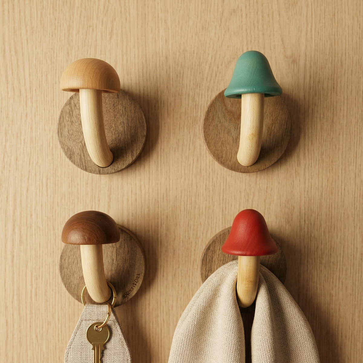 Houten Paddenstoel Wandhaken Set