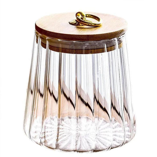 Glazen opbergpot met houten deksel
