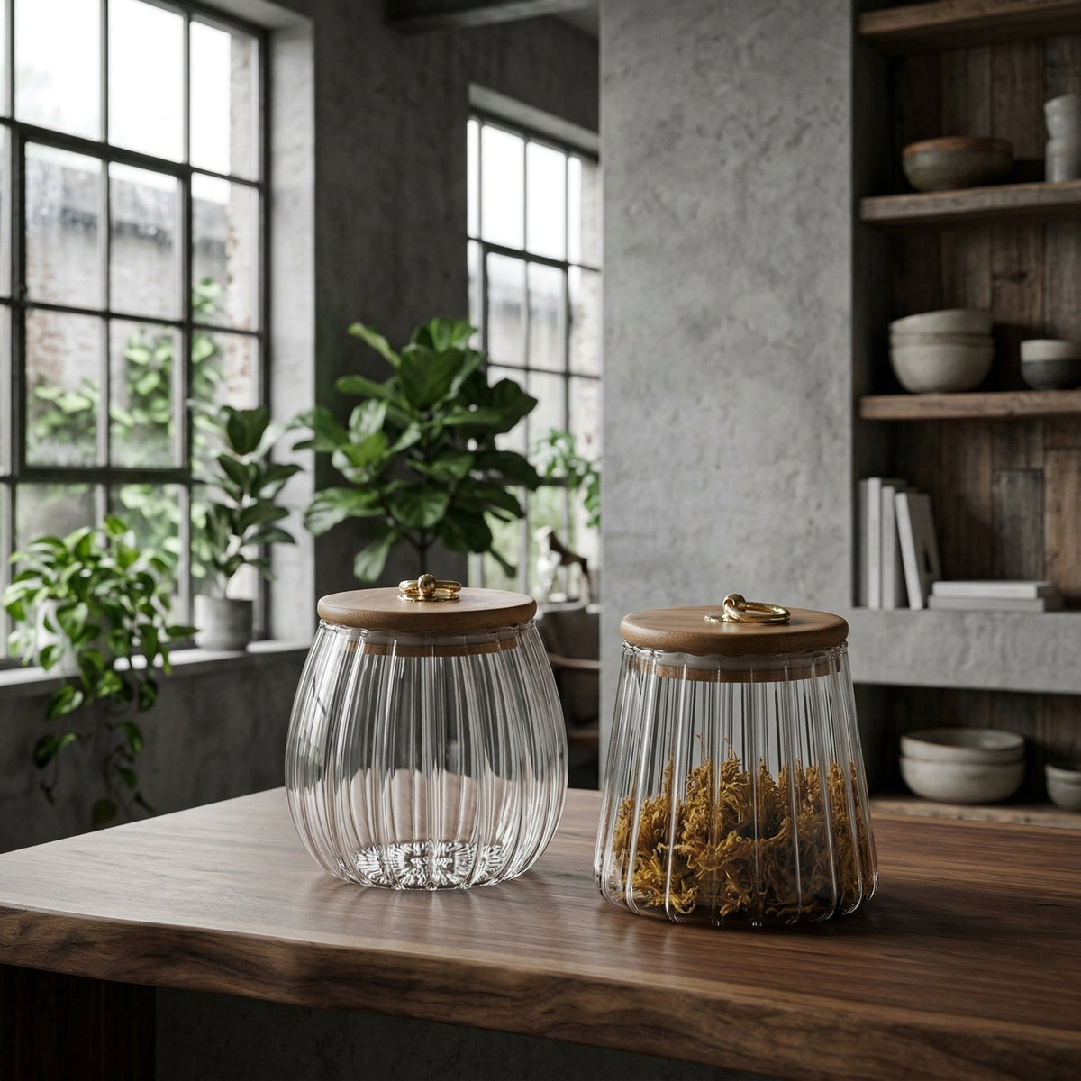 Glazen opbergpot met houten deksel