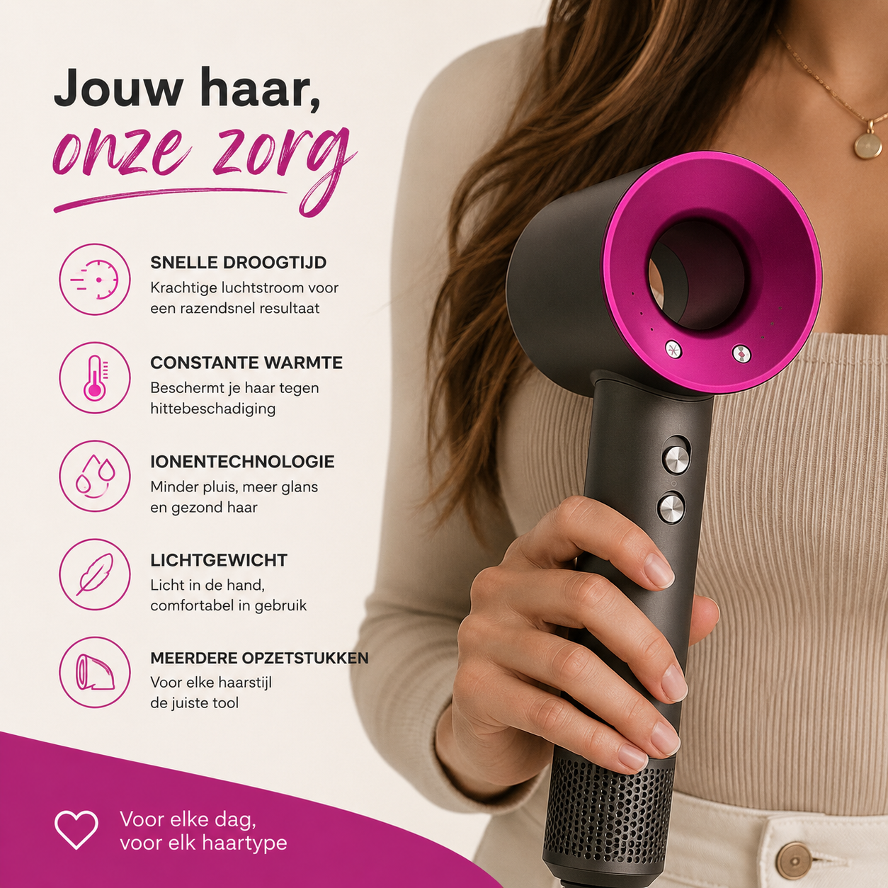 Fohn & Haardroger met 5 opzetstukken - Fohn met Diffuser - AI Heat Control - 1600W - Antraciet