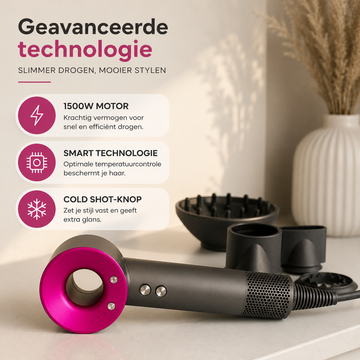 Fohn & Haardroger met 5 opzetstukken - Fohn met Diffuser - AI Heat Control - 1600W - Antraciet