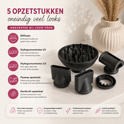 Fohn & Haardroger met 5 opzetstukken - Fohn met Diffuser - AI Heat Control - 1600W - Antraciet