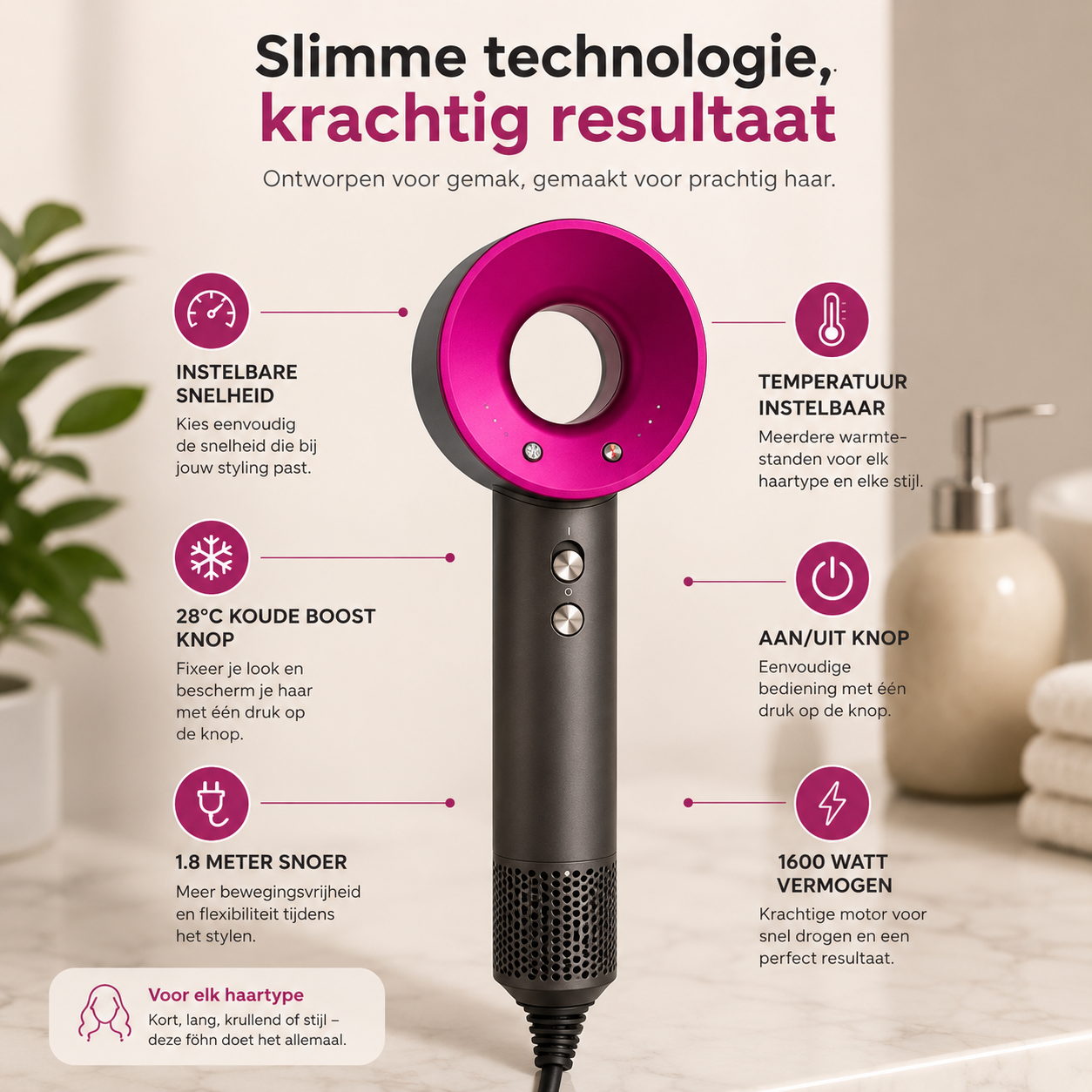 Fohn & Haardroger met 5 opzetstukken - Fohn met Diffuser - AI Heat Control - 1600W - Antraciet
