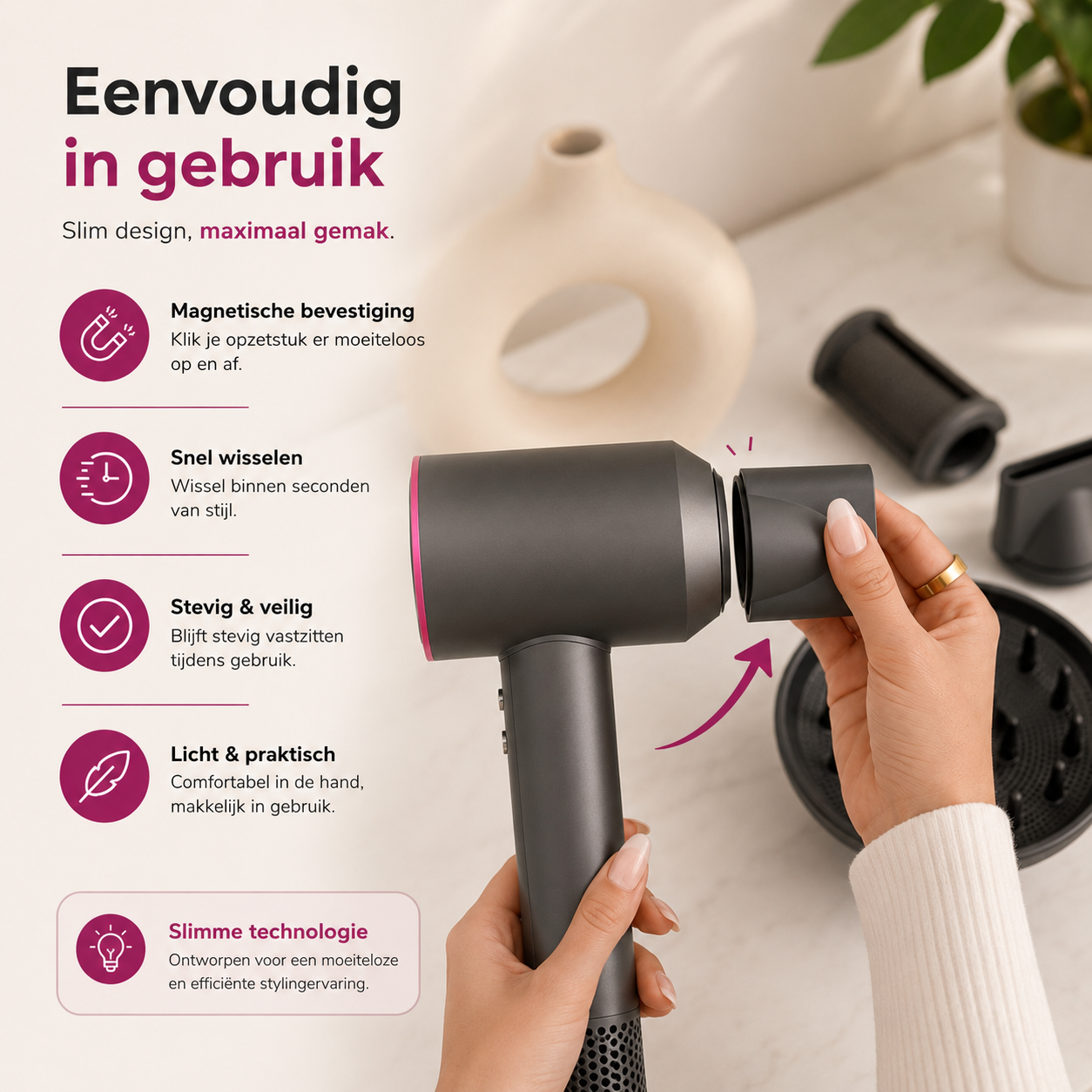Fohn & Haardroger met 5 opzetstukken - Fohn met Diffuser - AI Heat Control - 1600W - Antraciet