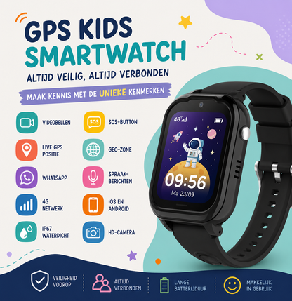 GPS Kinderhorloge met 4G – Videobellen, SOS Knop, GPS Tracker Kind – Smartwatch met Camera & WhatsApp