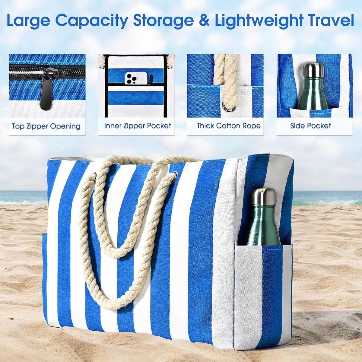 Grote gestreepte strandtas met rits