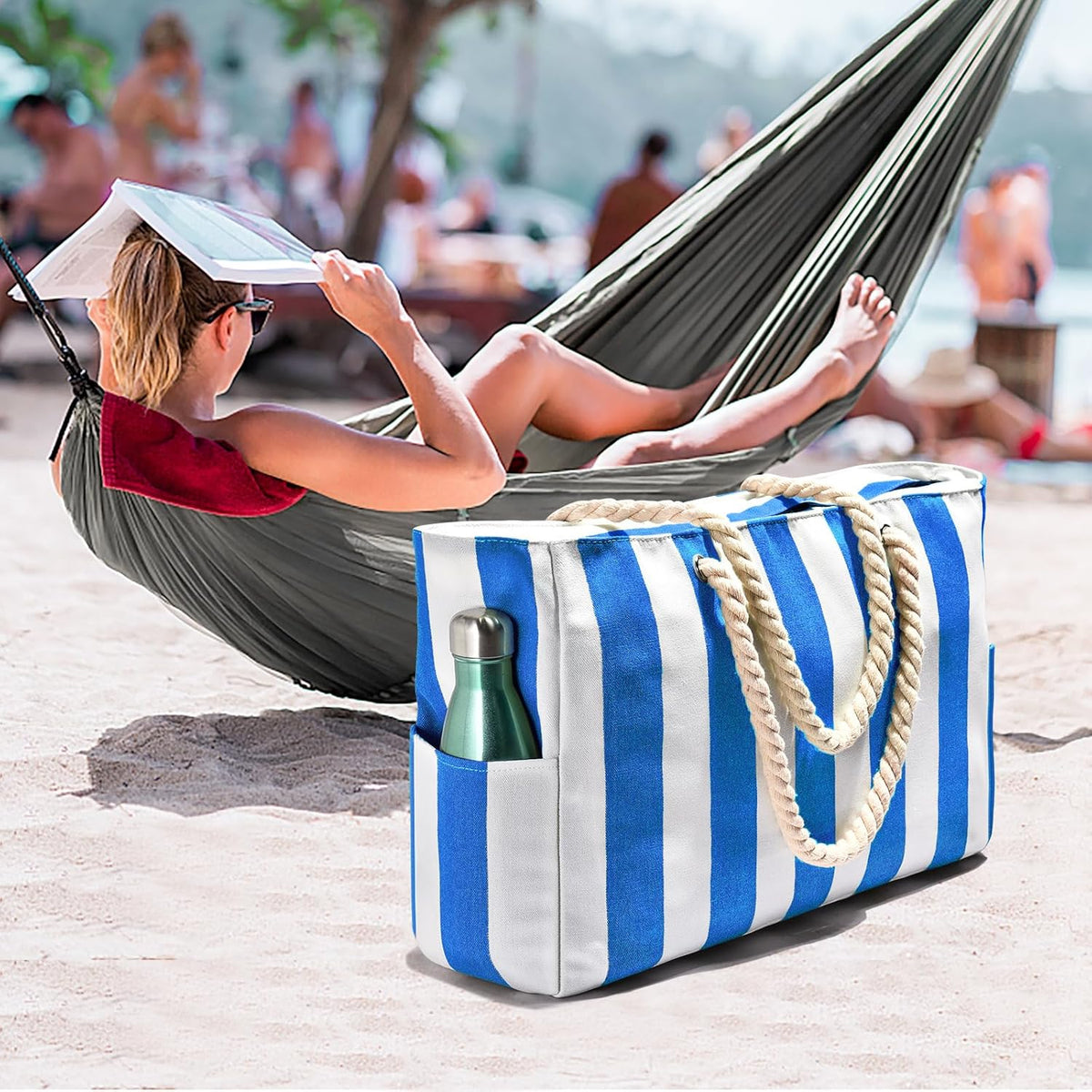 Grote gestreepte strandtas met rits