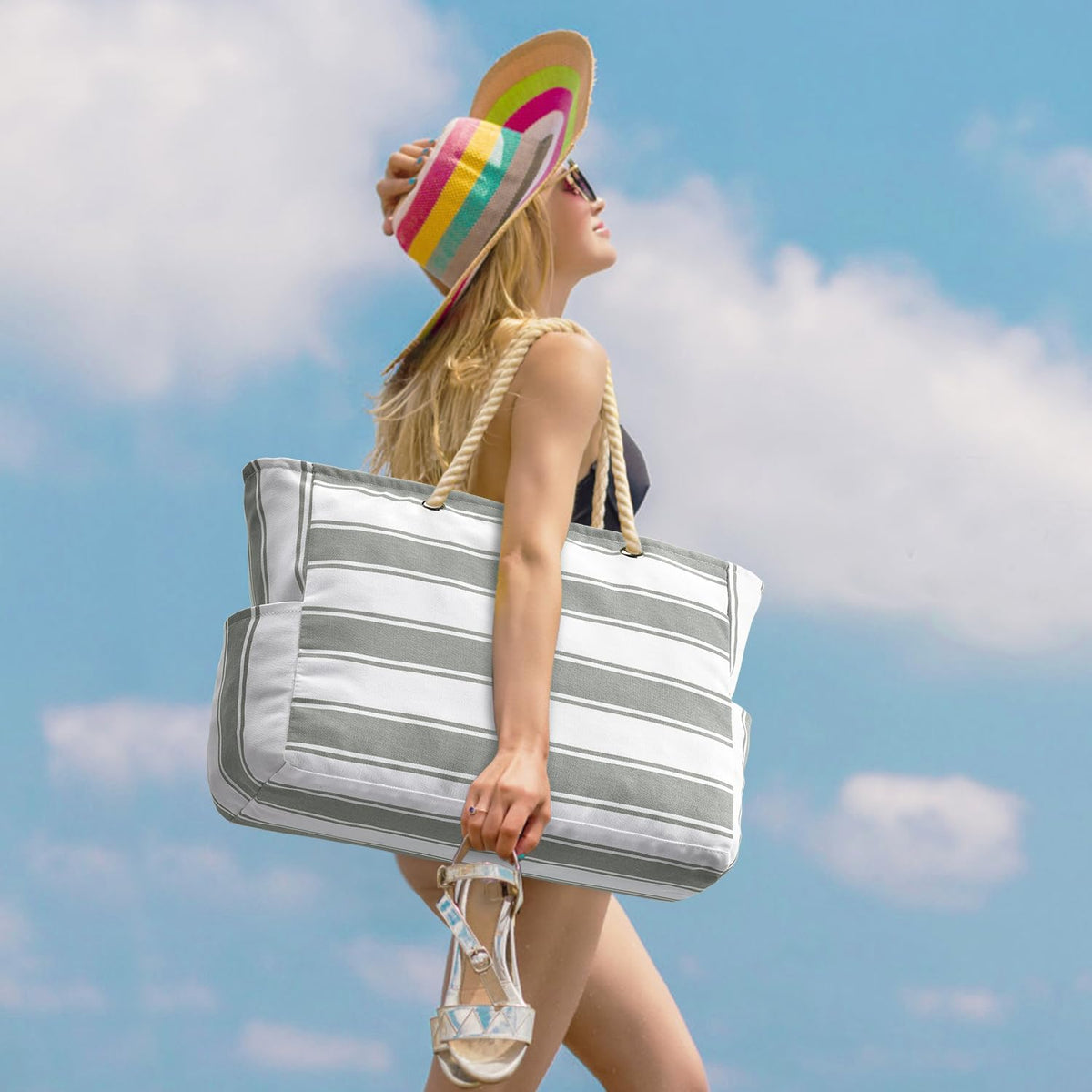 Grote gestreepte strandtas met rits