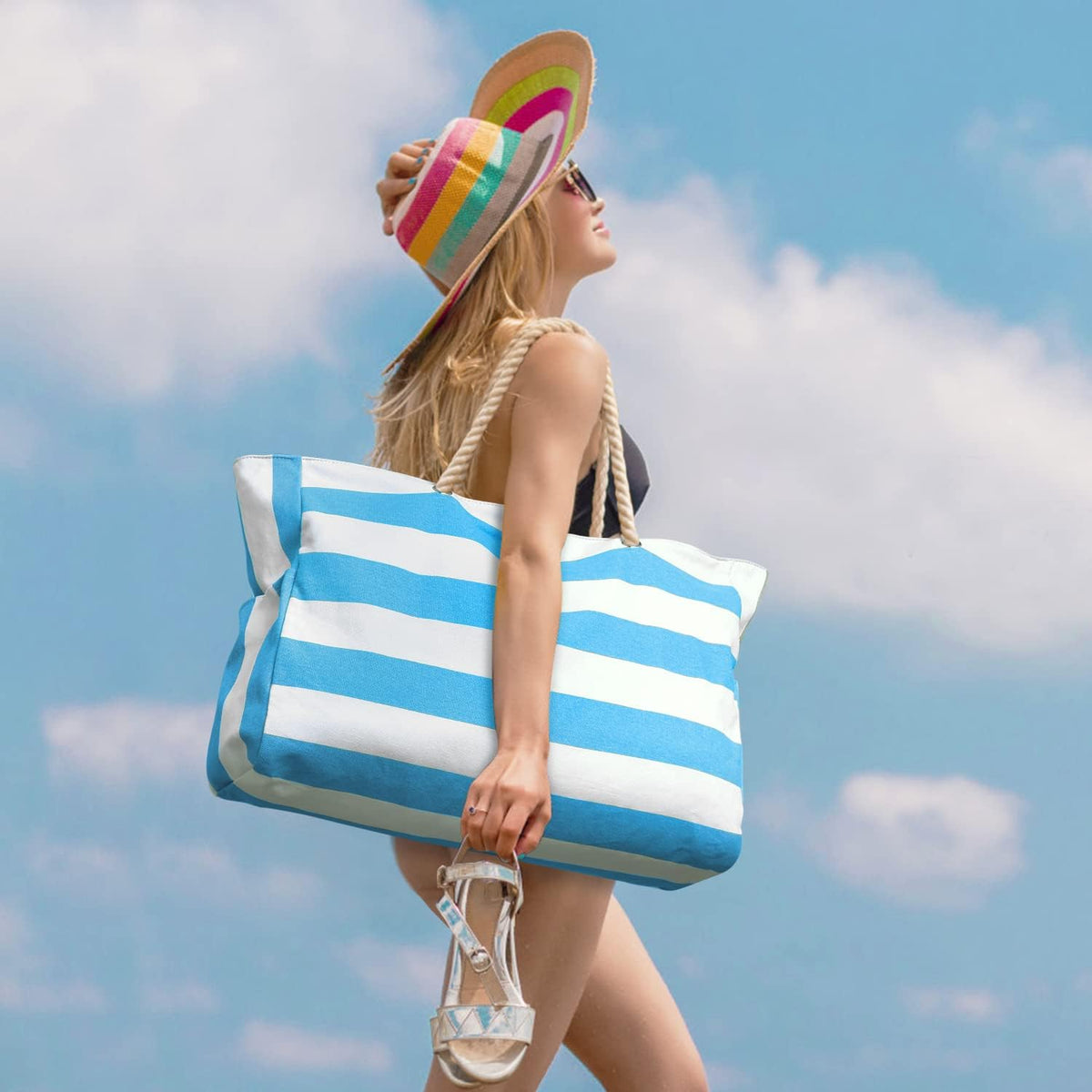 Grote gestreepte strandtas met rits