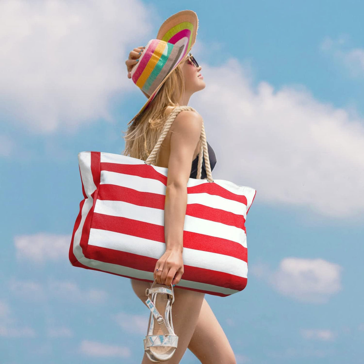 Grote gestreepte strandtas met rits