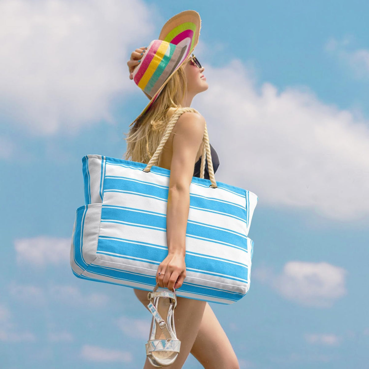 Grote gestreepte strandtas met rits