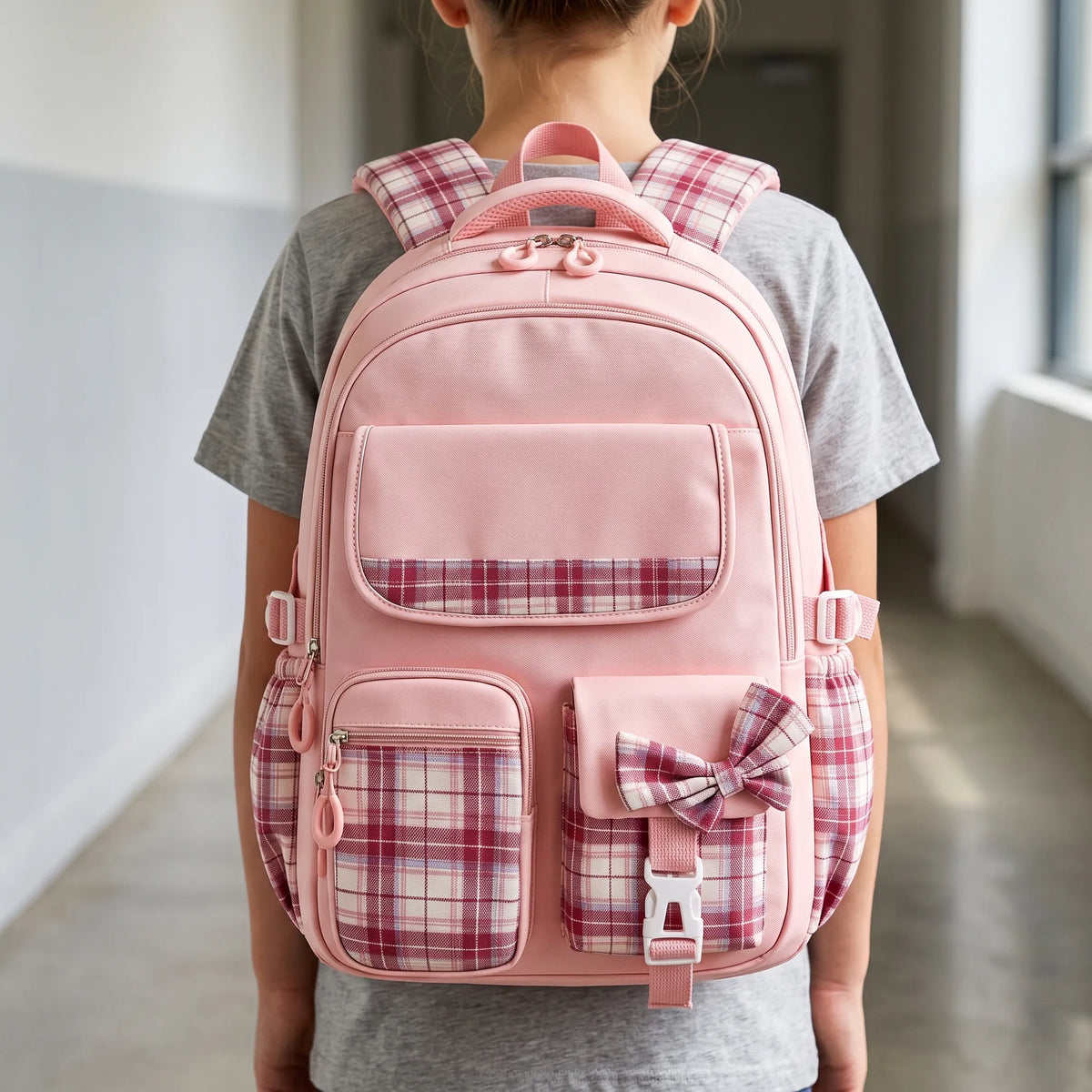 Pledra grote schooltas met ruitjespatroon